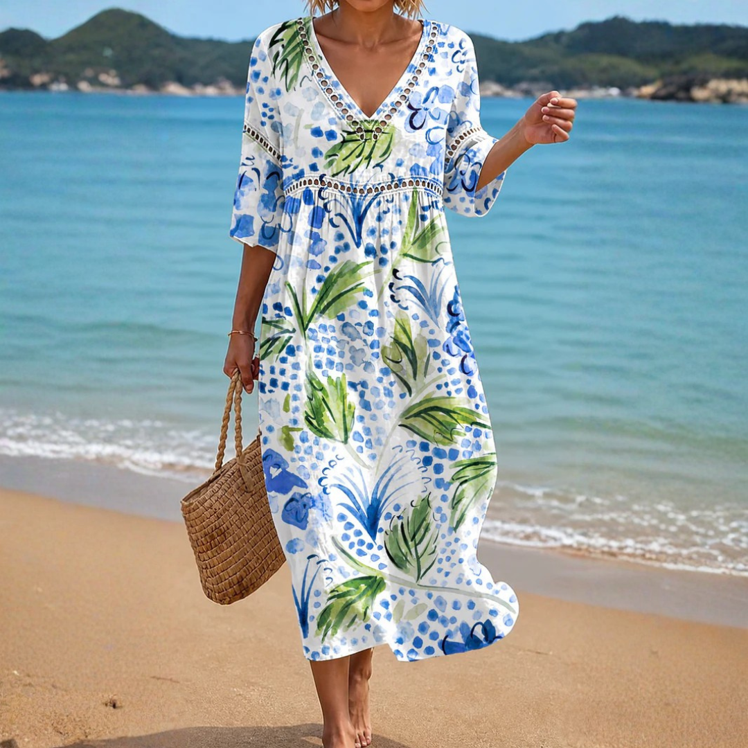 Isla | Vestido Midi Playero con Estampado Tropical, Fresco