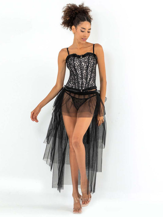 Conjunto de vestido negro sexy con tocado