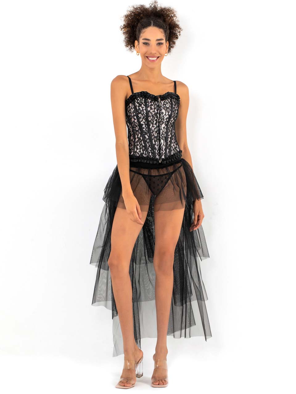 Conjunto de vestido negro sexy con tocado