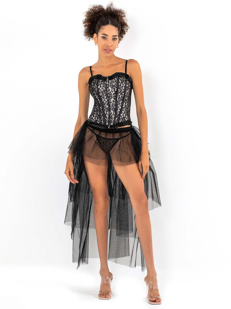 Conjunto de vestido negro sexy con tocado