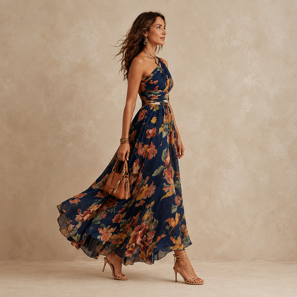 Celeste | Vestido Maxi de Gasa a un Hombro con Estampado Floral, Ideal para Invitada