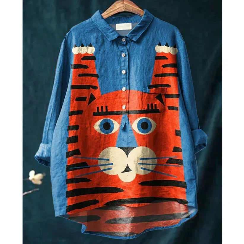 Berta | Camisa Azul con Estampado Artístico de Gatos, Divertida