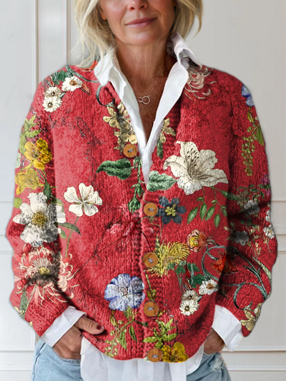 Herminia | Cárdigan de Botones con Flores Vintage Artísticas, Romántico