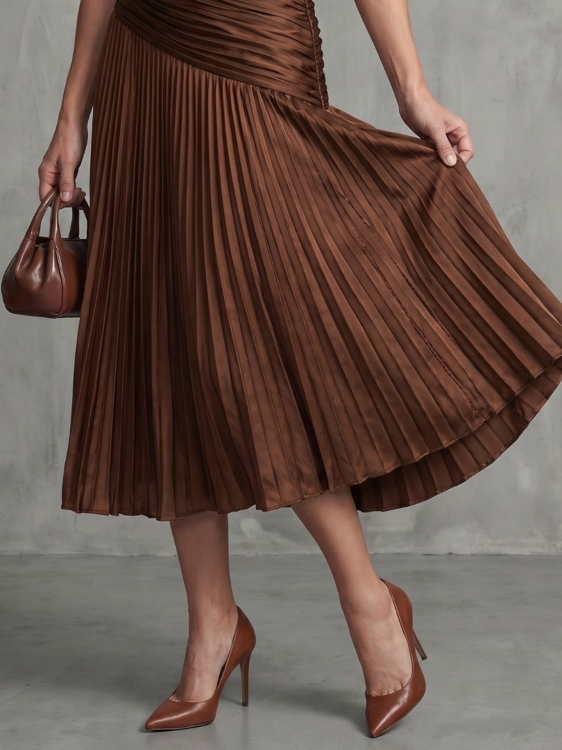 Theodora | Vestido Midi de Rayas con Cuello Camisero y Cintura Plisada