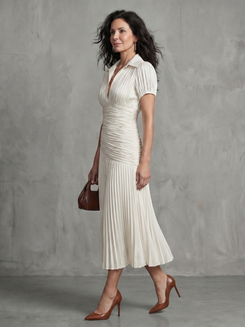 Theodora | Vestido Midi de Rayas con Cuello Camisero y Cintura Plisada
