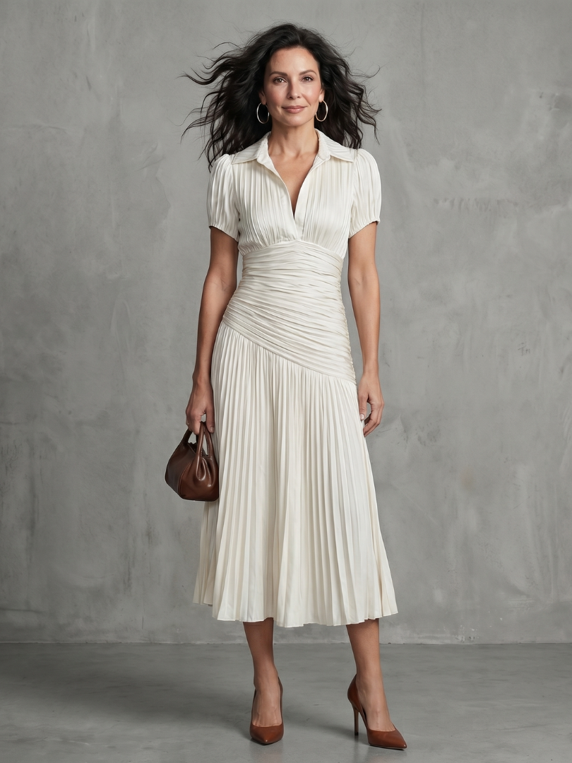 Theodora | Vestido Midi de Rayas con Cuello Camisero y Cintura Plisada
