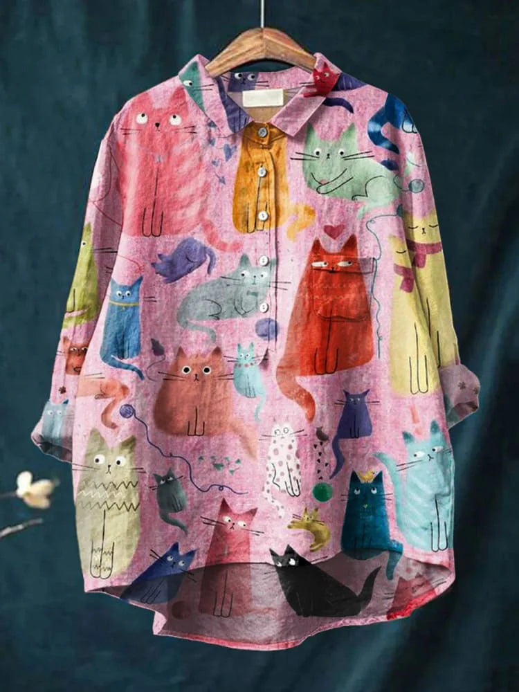 Úrsula | Camisa con Estampado Artístico de Gatos, Original