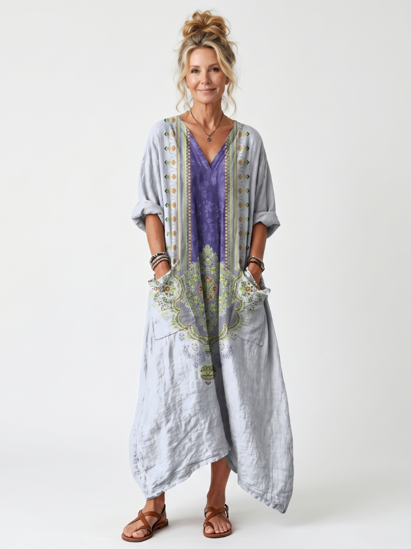 Raina | Vestido Midi Bordado con Panel en Contraste y Bolsillos, Holgado