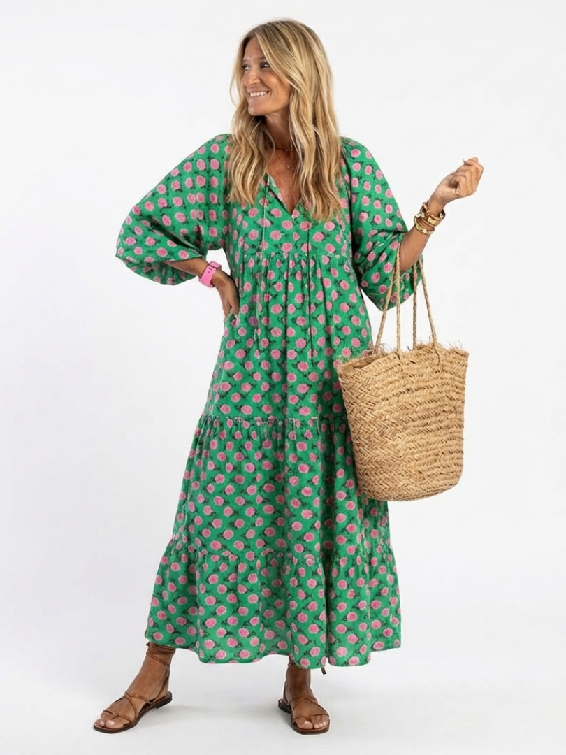 Fiora | Vestido Midi Floral de Volantes con Escote en V, Ligero