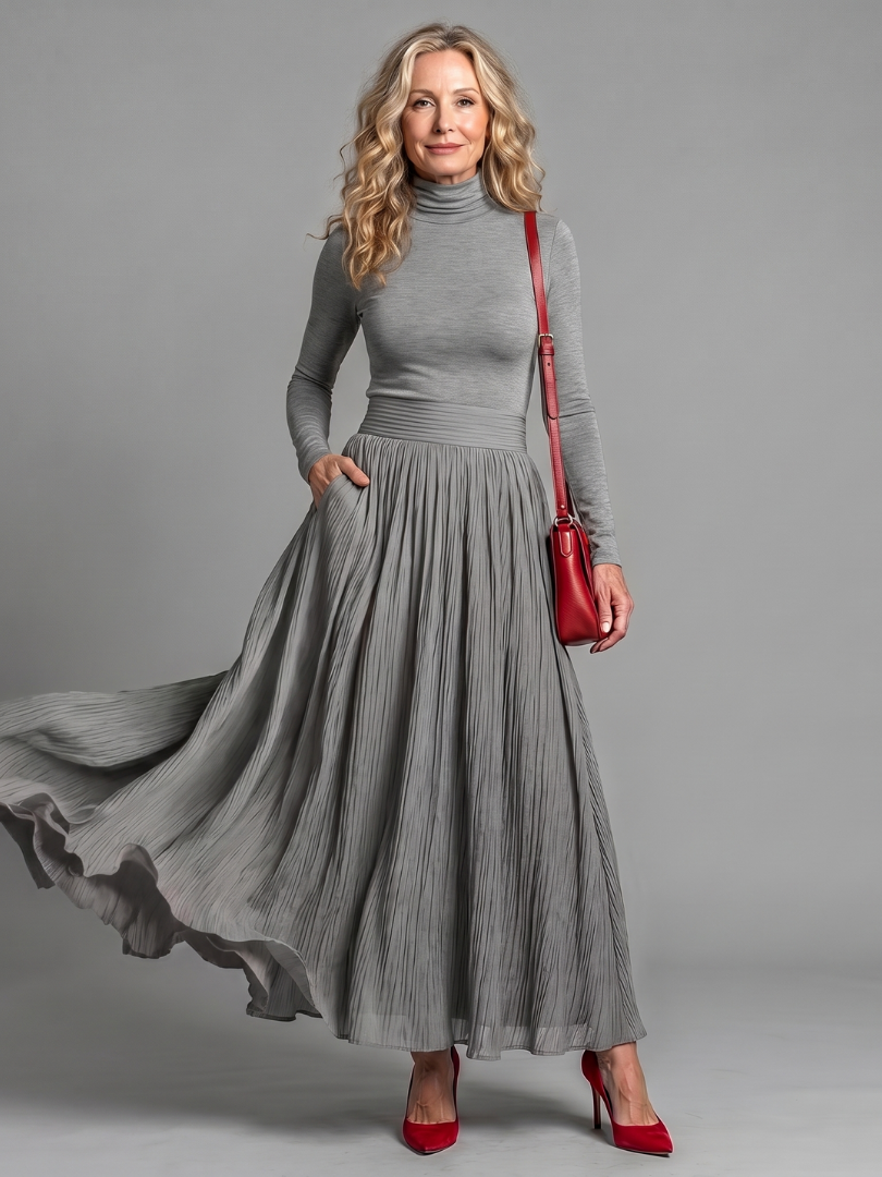 Larisa | Vestido Midi de Cuello Alto y Manga Larga con Cintura Definida