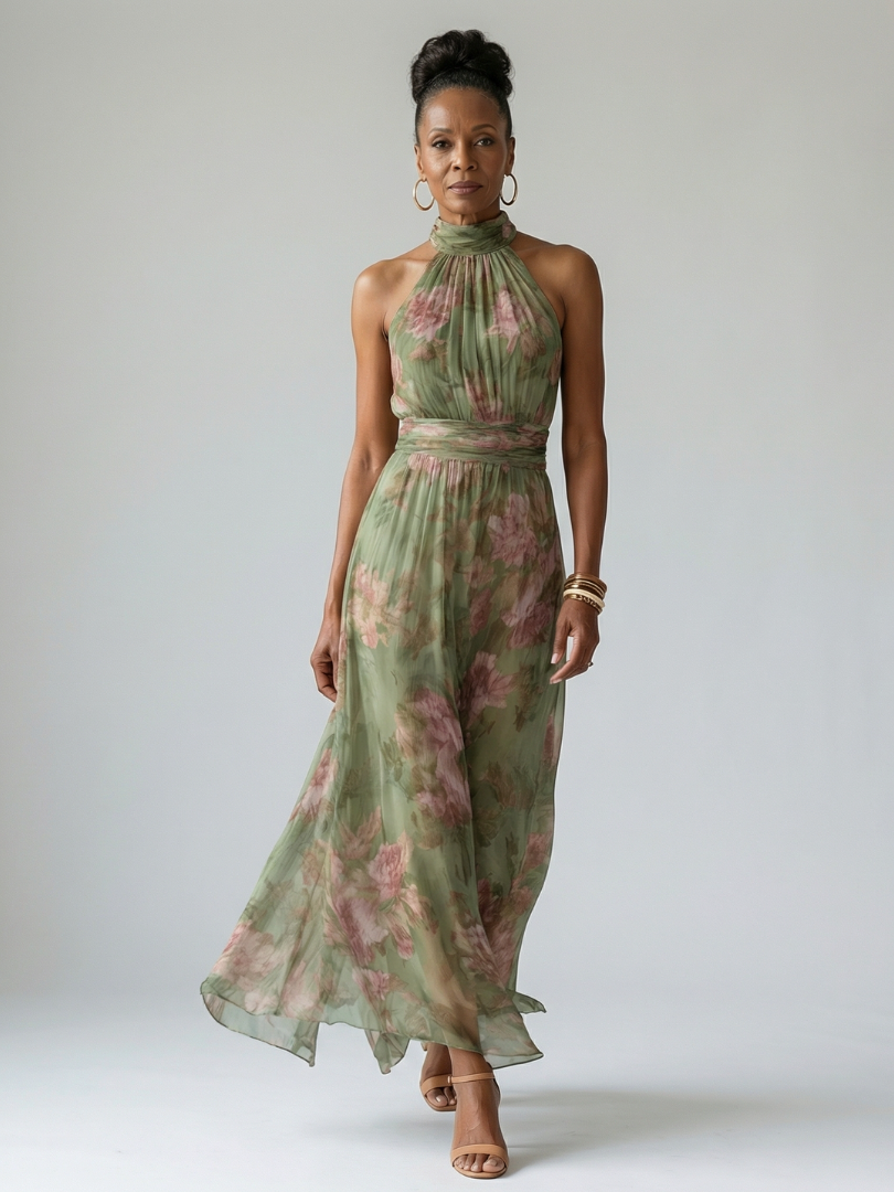 Mirelle | Vestido Midi Halter Floral con Fruncido, Fresco