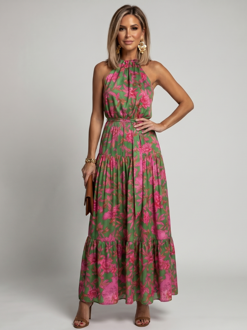 Rowen | Vestido Midi Halter Drapeado con Falda de Volantes, Floral