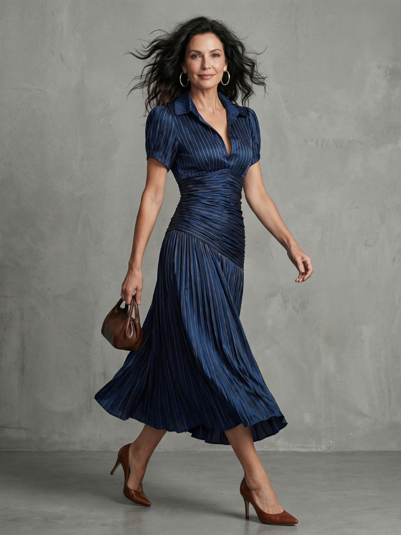 Theodora | Vestido Midi de Rayas con Cuello Camisero y Cintura Plisada