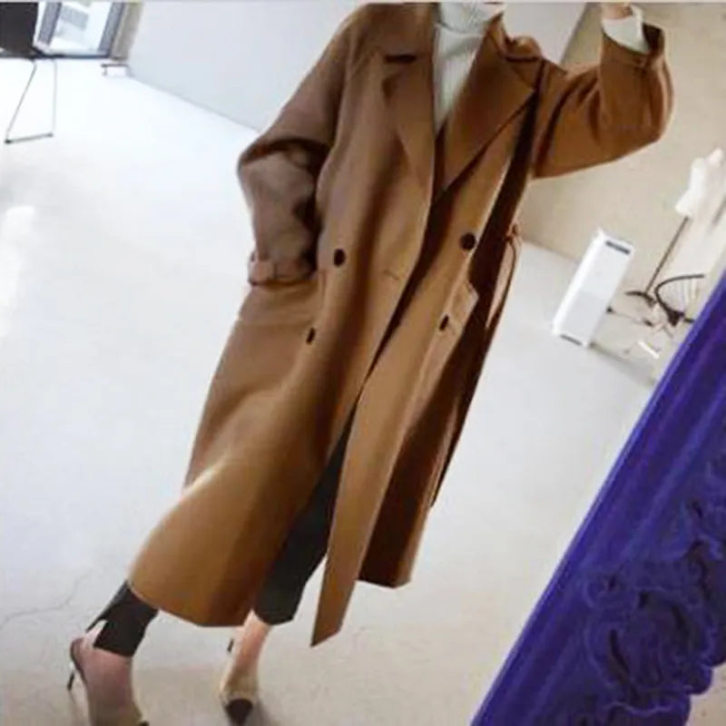 Mencía | Abrigo Largo Cruzado de Mezcla de Lana con Cinturón, Clásico