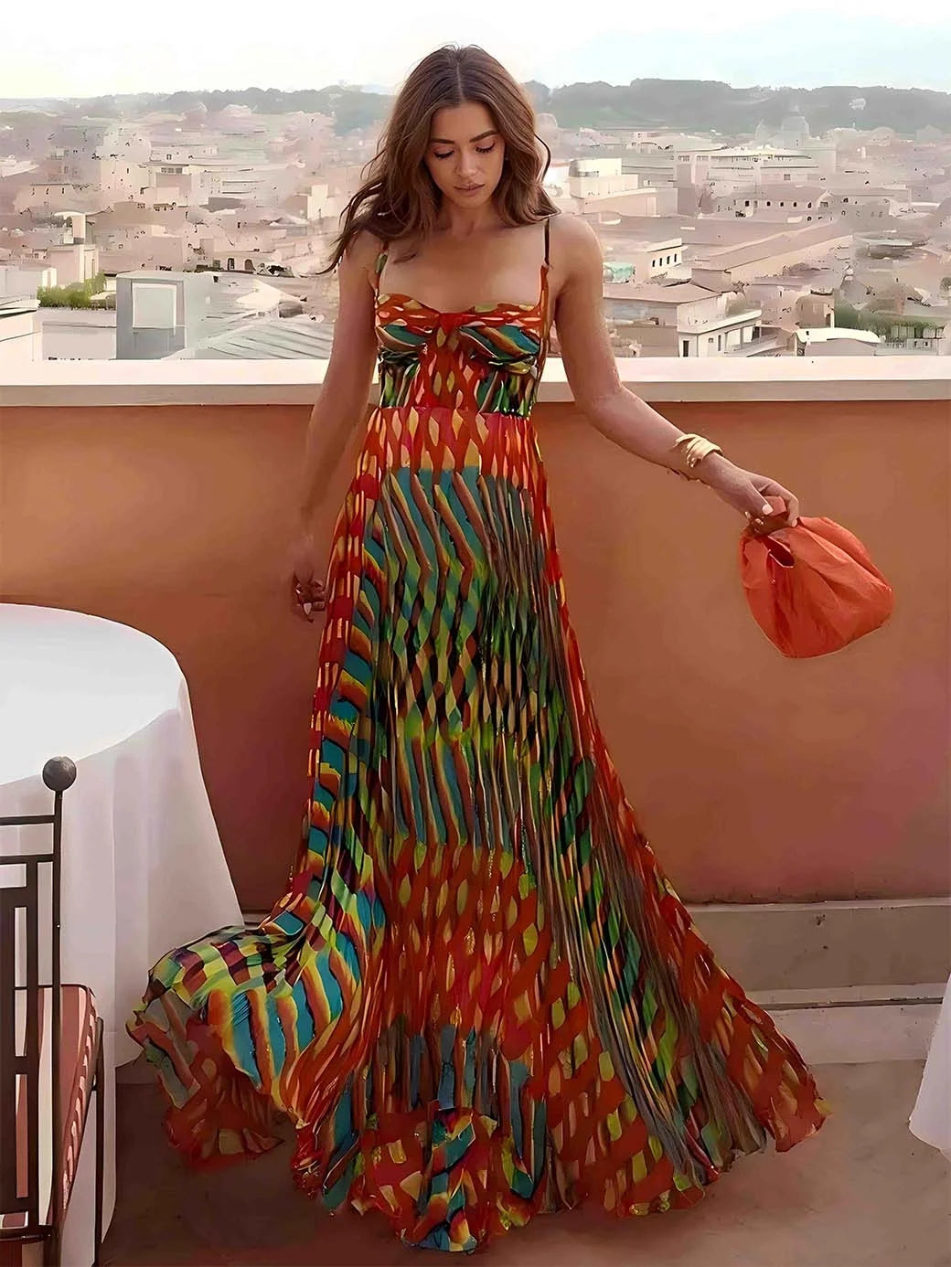 Dalia | Vestido Maxi Halter de Corte en A con Estampado Artístico, Llamativo