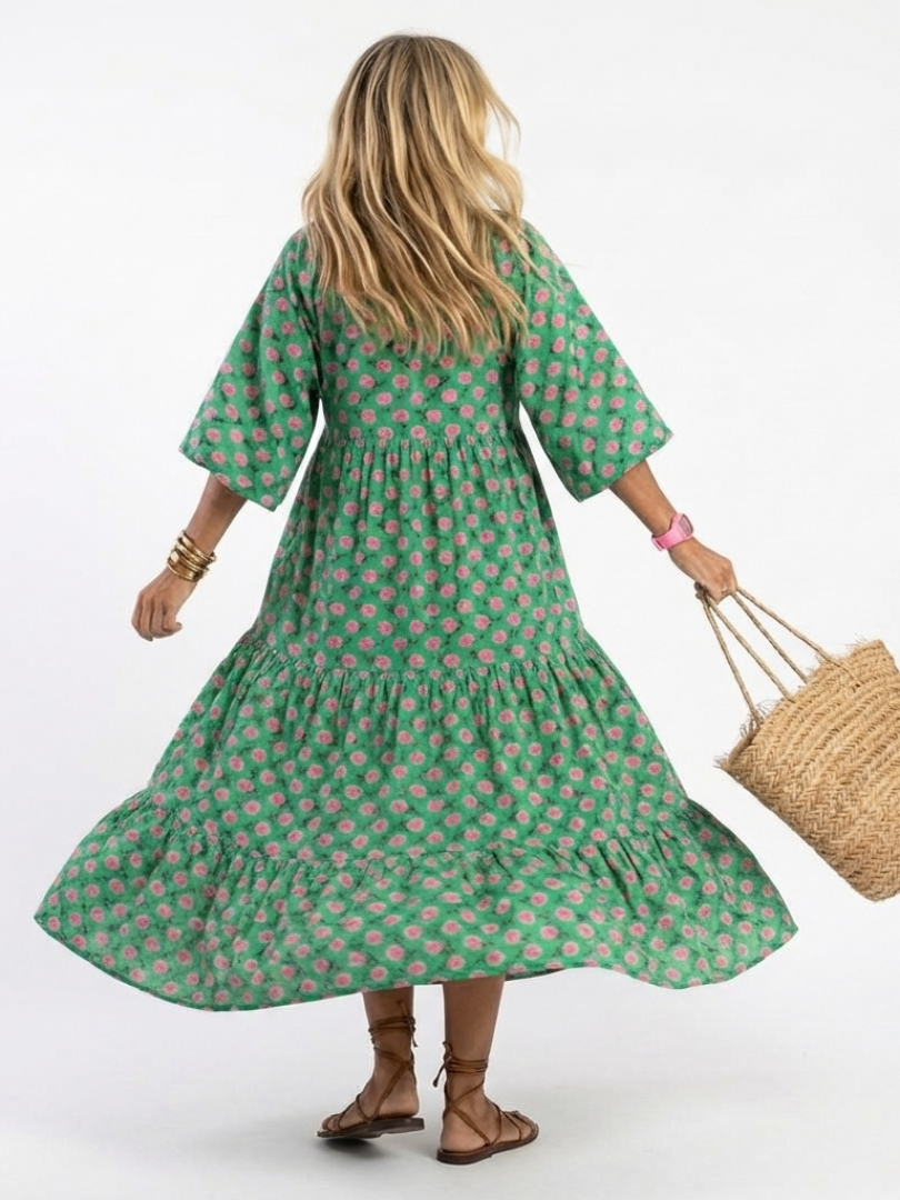 Fiora | Vestido Midi Floral de Volantes con Escote en V, Ligero