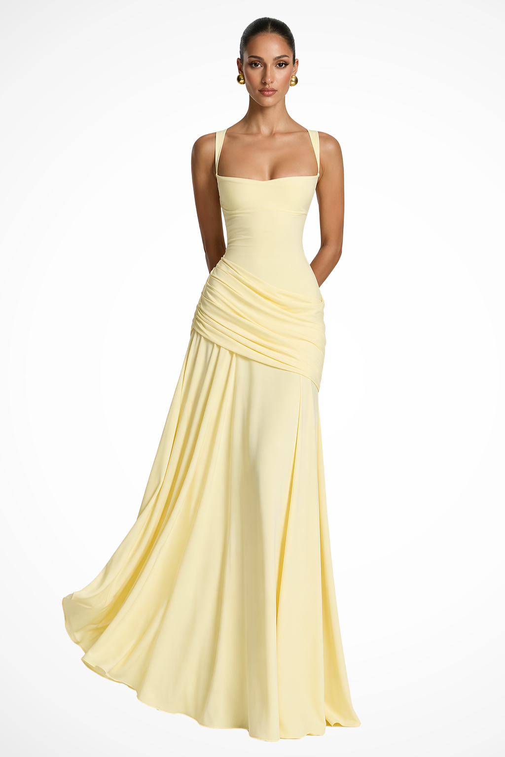 Lavinia | Vestido Maxi de Invitada con Escote Cuadrado, Fruncido y Abertura
