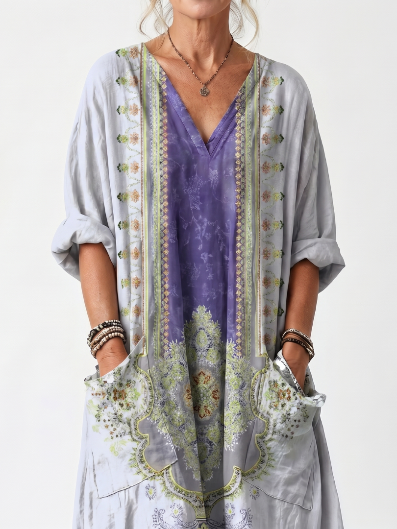 Raina | Vestido Midi Bordado con Panel en Contraste y Bolsillos, Holgado