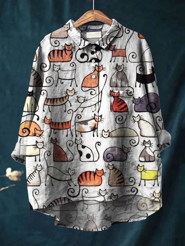Úrsula | Camisa con Estampado Artístico de Gatos, Original