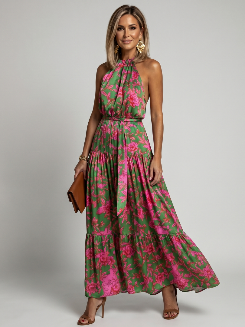 Rowen | Vestido Midi Halter Drapeado con Falda de Volantes, Floral