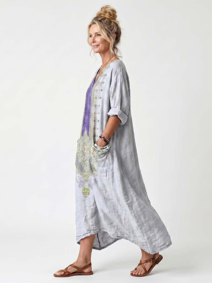 Raina | Vestido Midi Bordado con Panel en Contraste y Bolsillos, Holgado