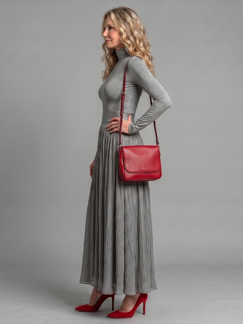 Larisa | Vestido Midi de Cuello Alto y Manga Larga con Cintura Definida