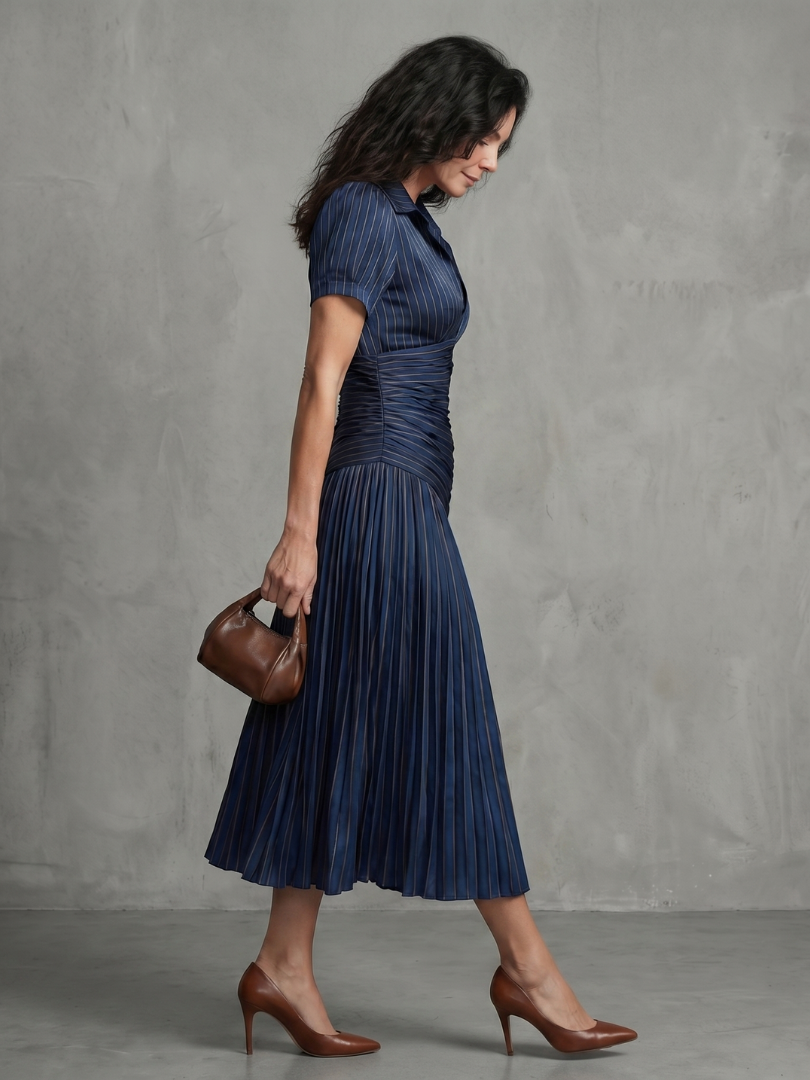 Theodora | Vestido Midi de Rayas con Cuello Camisero y Cintura Plisada