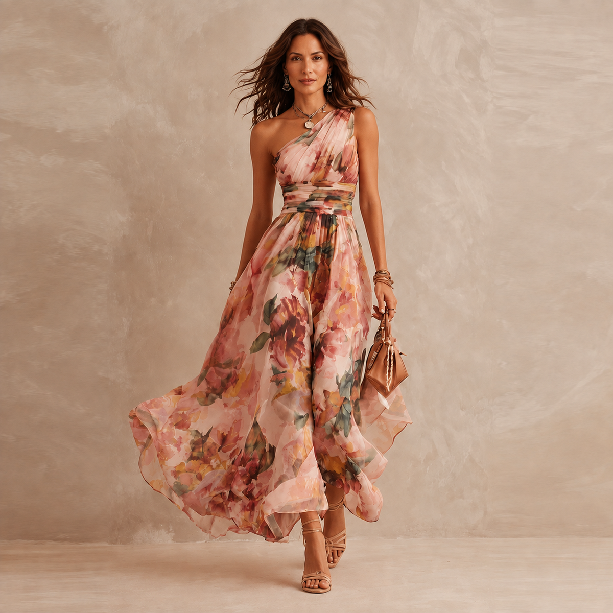 Celeste | Vestido Maxi de Gasa a un Hombro con Estampado Floral, Ideal para Invitada