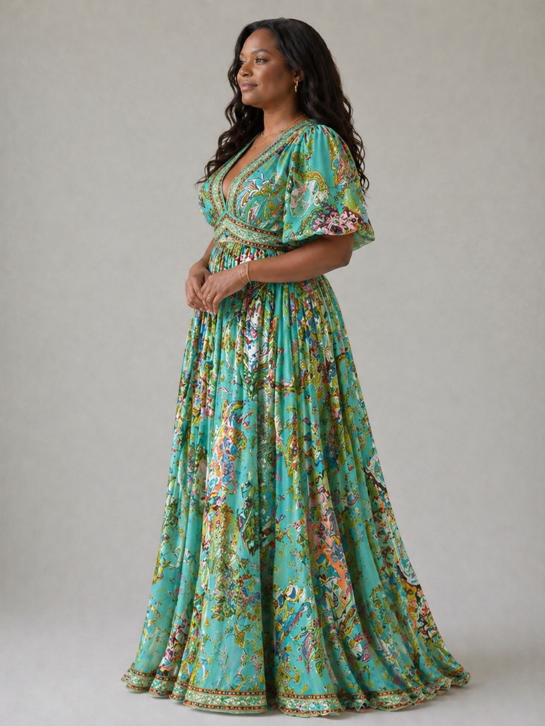 Amelia | Vestido Maxi Vaporoso con Mangas Abullonadas y Escote en V, Romántico