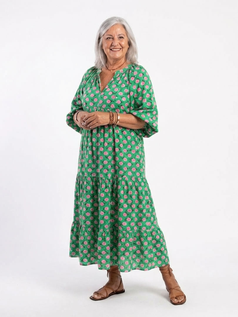 Fiora | Vestido Midi Floral de Volantes con Escote en V, Ligero