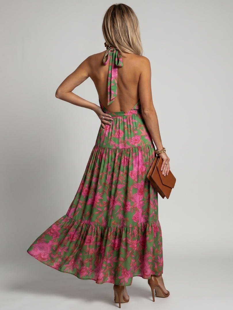 Rowen | Vestido Midi Halter Drapeado con Falda de Volantes, Floral