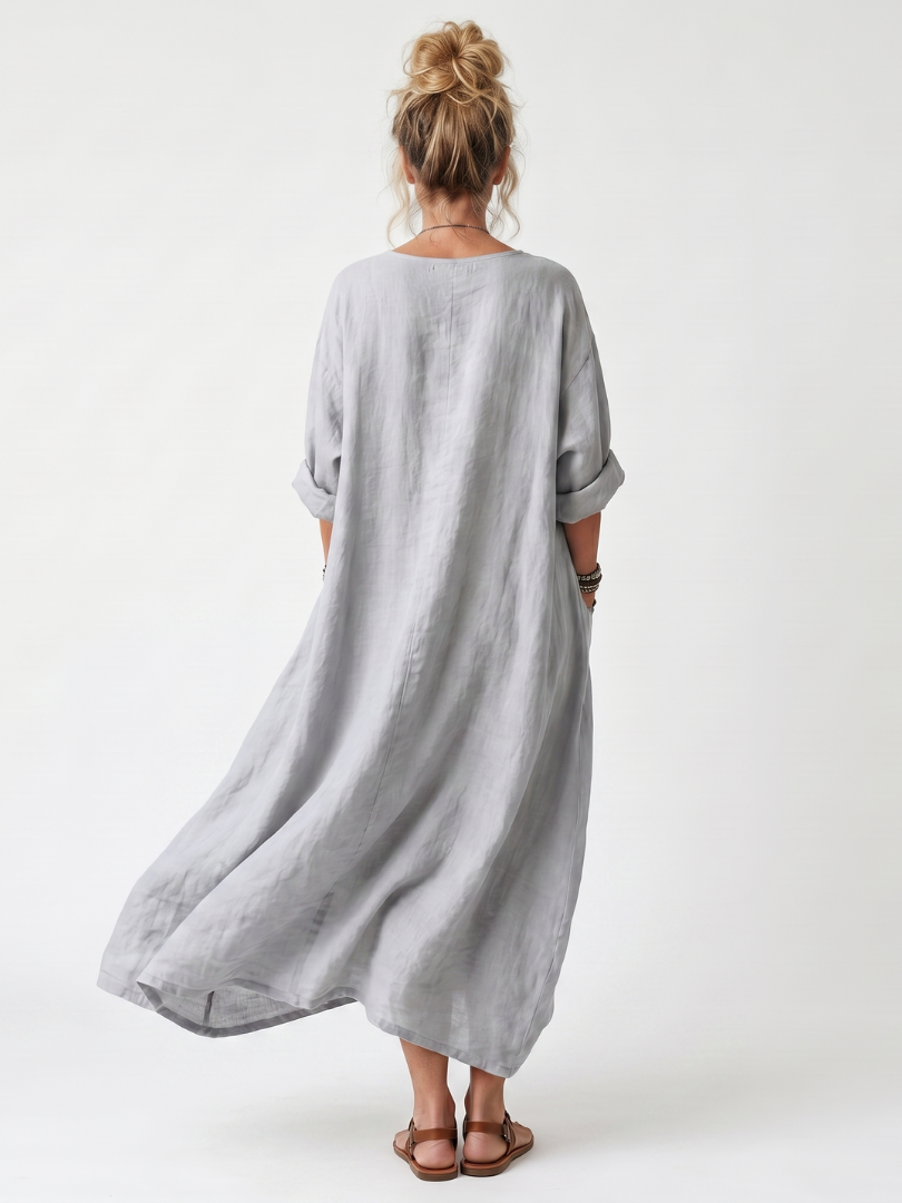Raina | Vestido Midi Bordado con Panel en Contraste y Bolsillos, Holgado