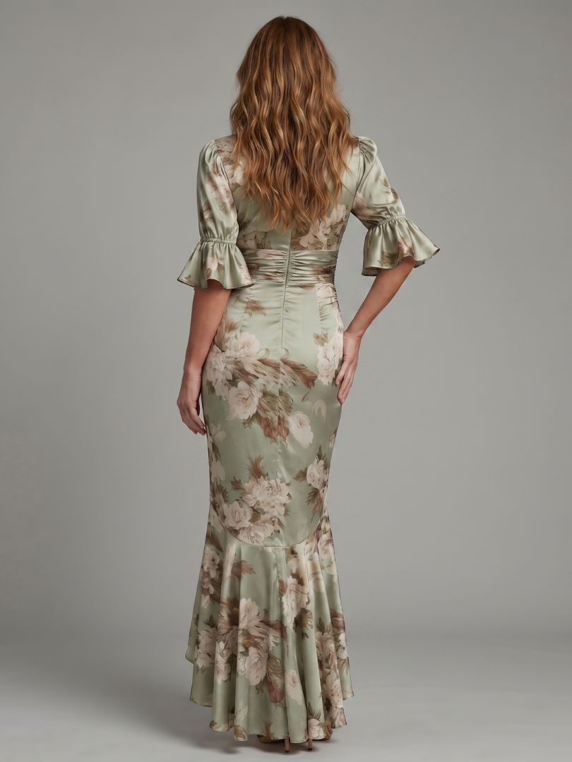 Palmira | Vestido Midi con Escote en V y Cintura Fruncida, Estampado Camuflaje
