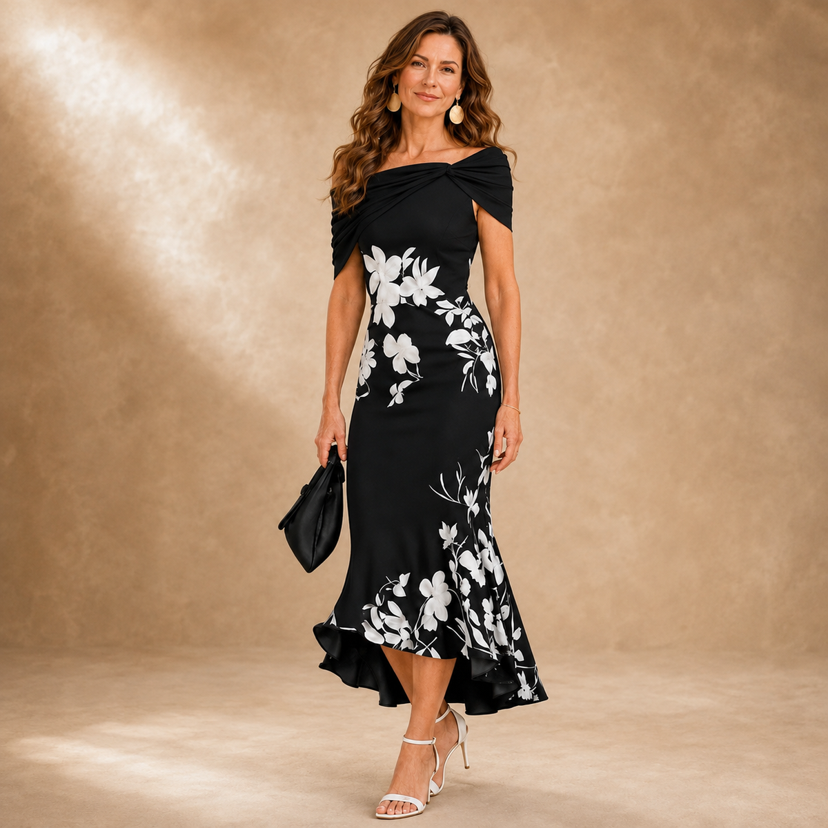 Florencia | Vestido Midi Floral Entallado con Hombros Descubiertos