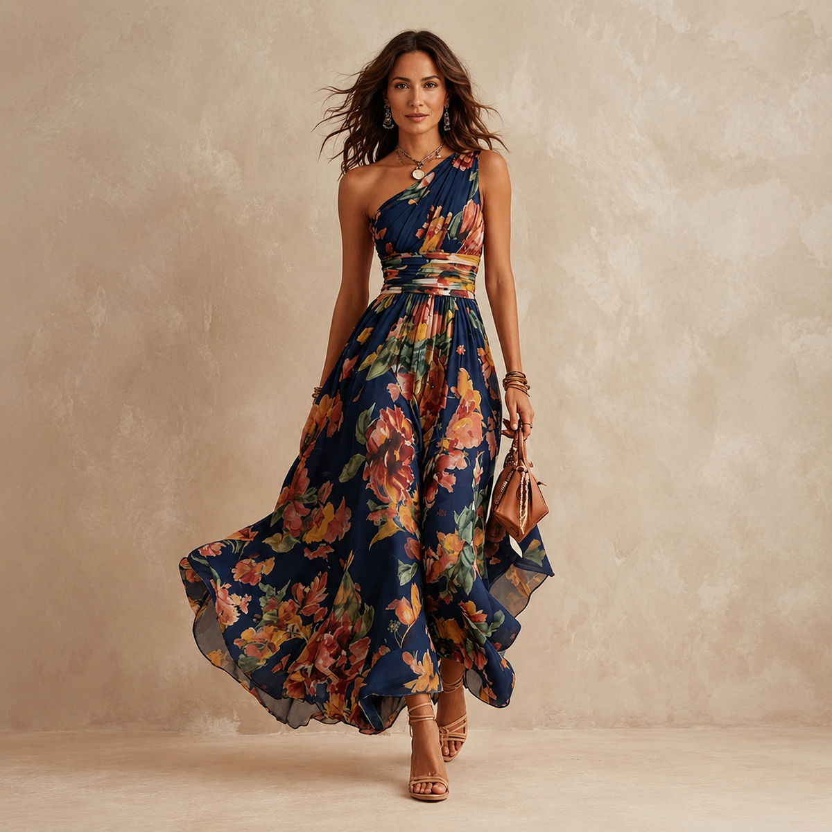 Celeste | Vestido Maxi de Gasa a un Hombro con Estampado Floral, Ideal para Invitada