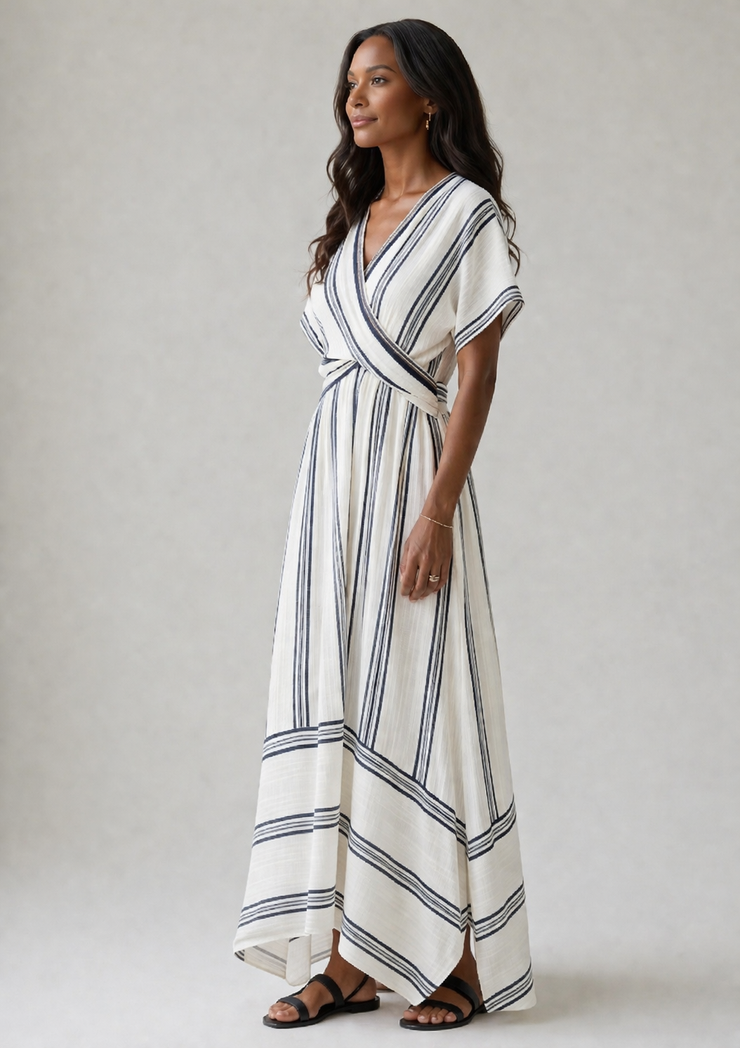 Thalassa | Vestido Midi de Lino con Cintura Cruzada y Manga Corta, Natural