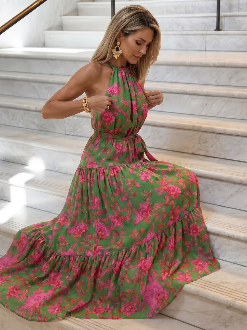 Rowen | Vestido Midi Halter Drapeado con Falda de Volantes, Floral
