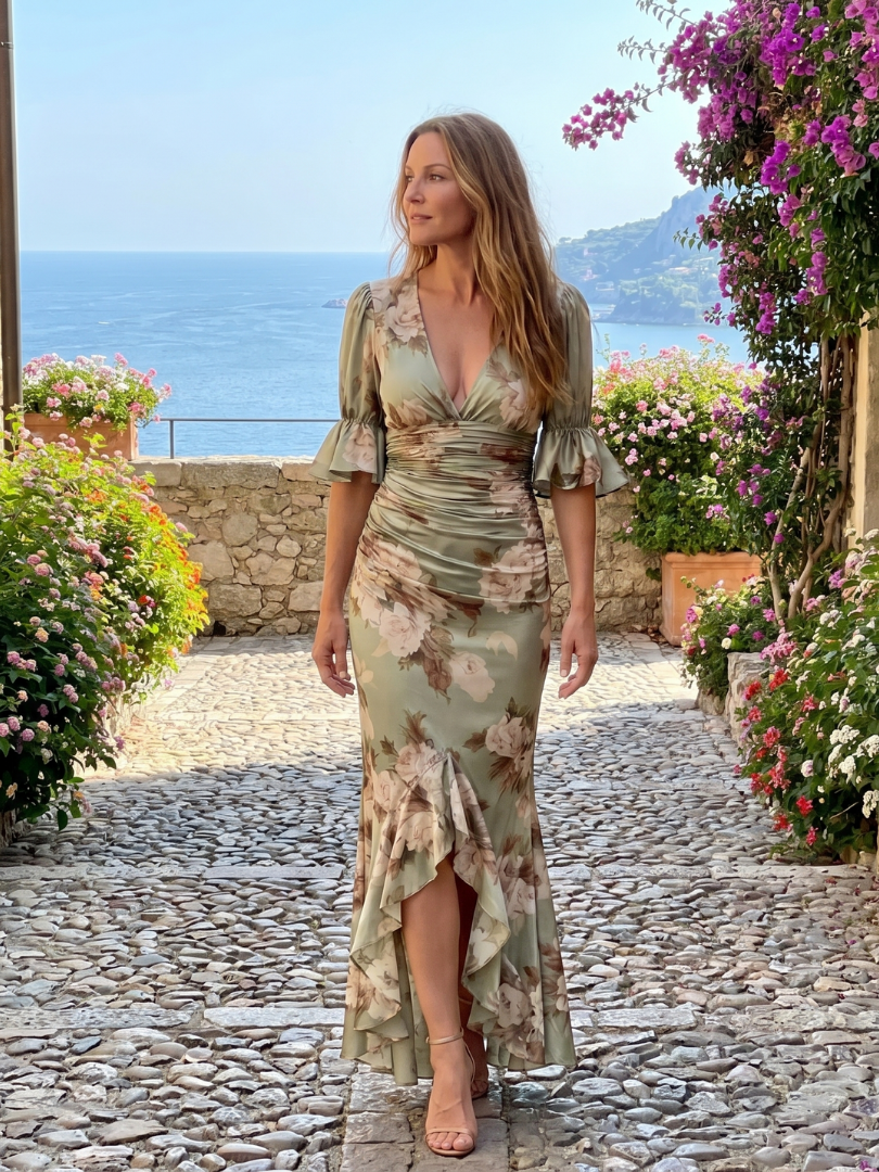 Palmira | Vestido Midi con Escote en V y Cintura Fruncida, Estampado Camuflaje