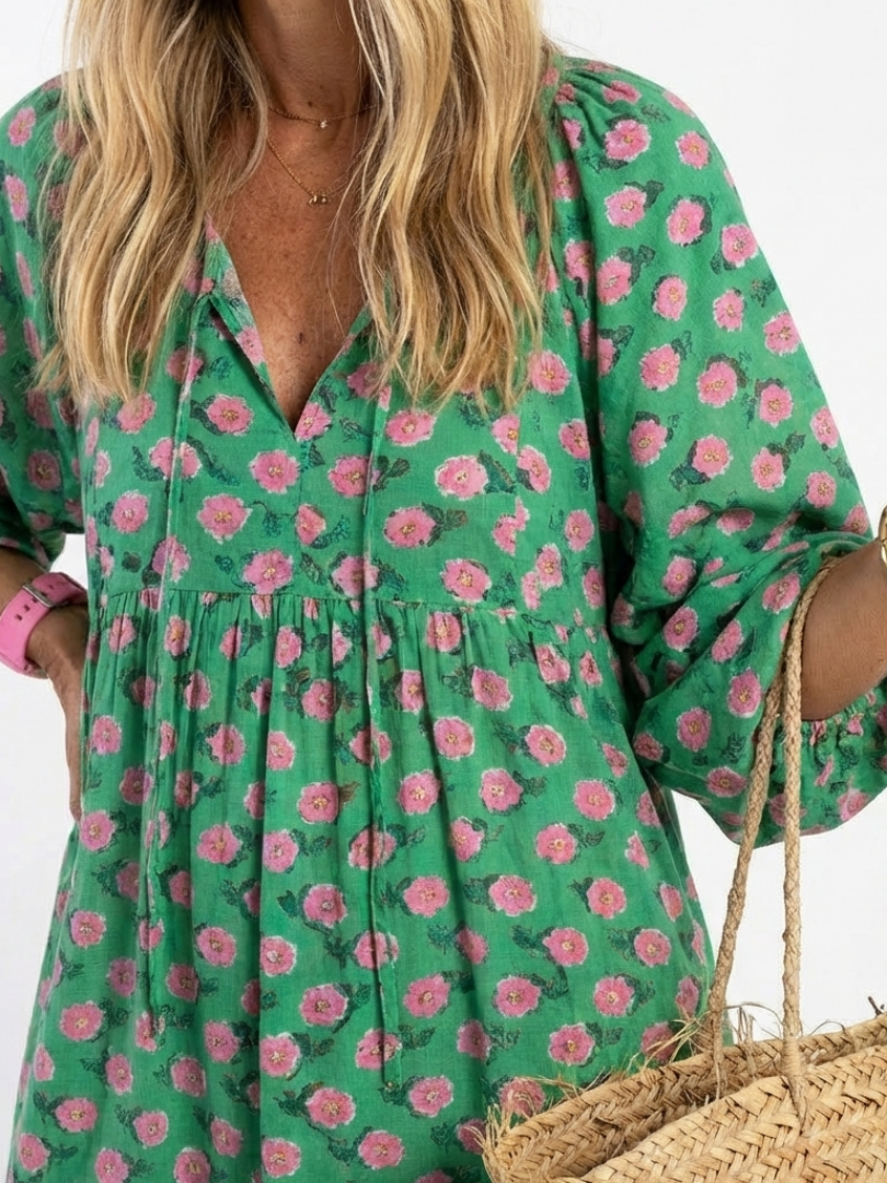 Fiora | Vestido Midi Floral de Volantes con Escote en V, Ligero