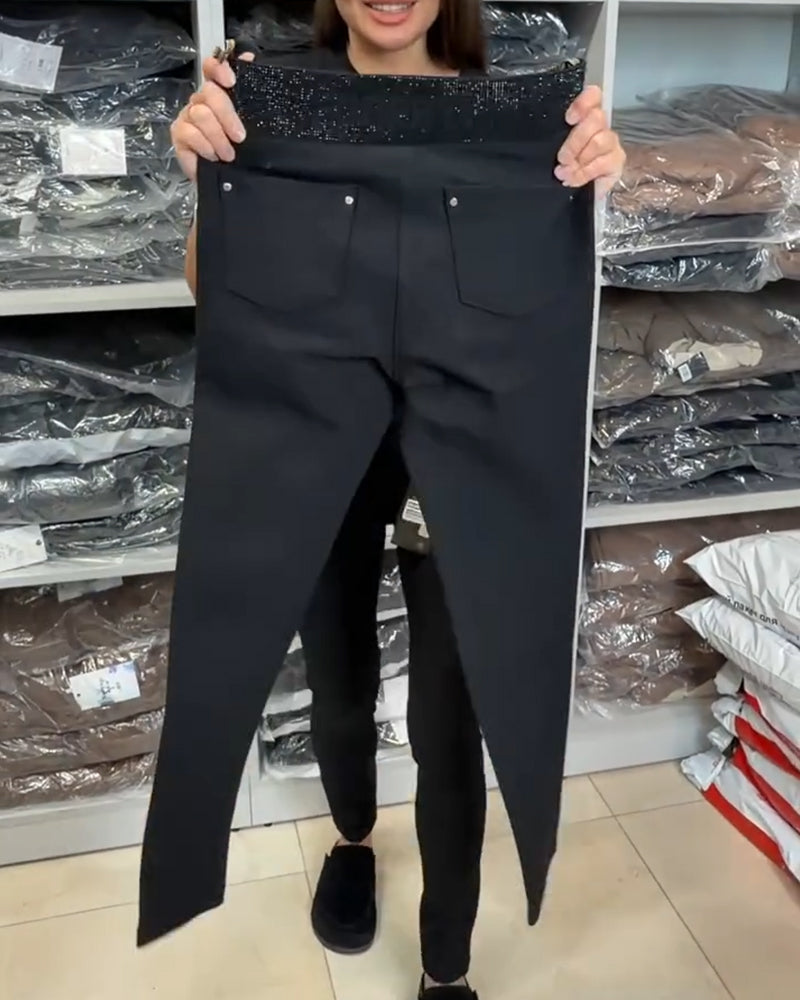 Pantalón Elegante Elástico de Color Liso