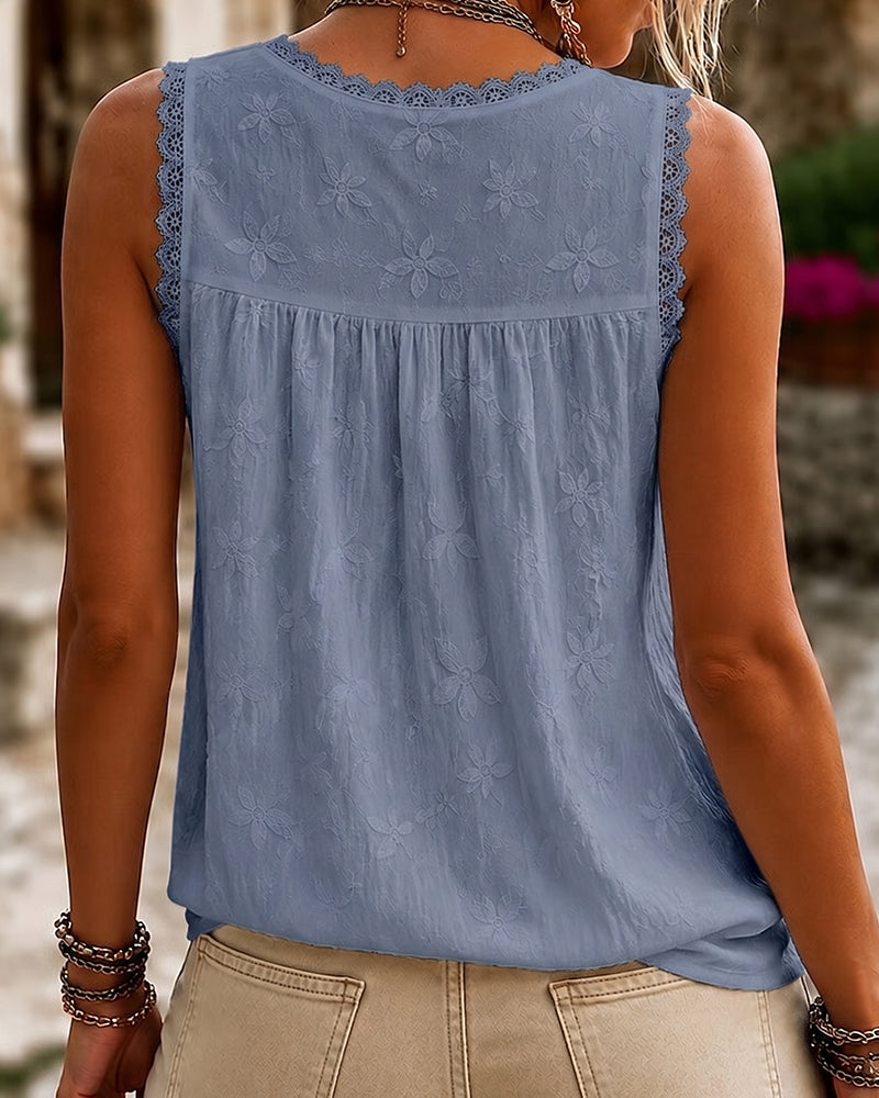 Agneta | Camiseta sin Mangas con Encaje y Cuello en V, Delicada
