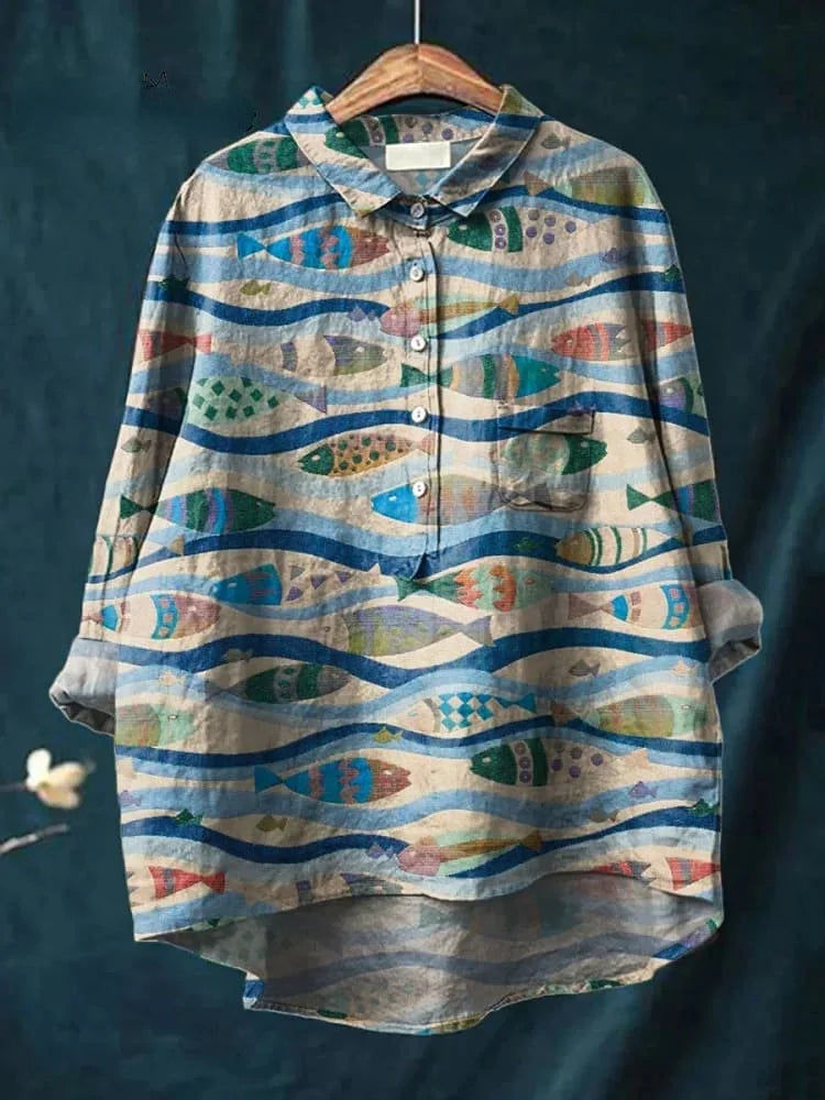 Dora | Camisa con Estampado Artístico de Peces, Original