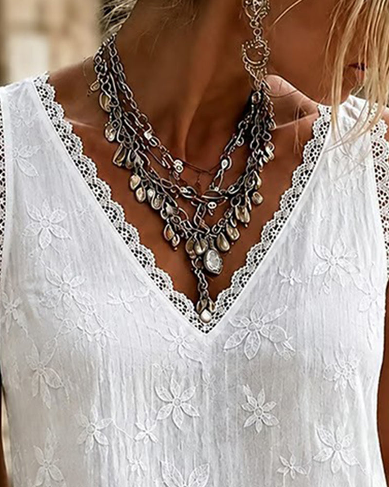 Agneta | Camiseta sin Mangas con Encaje y Cuello en V, Delicada