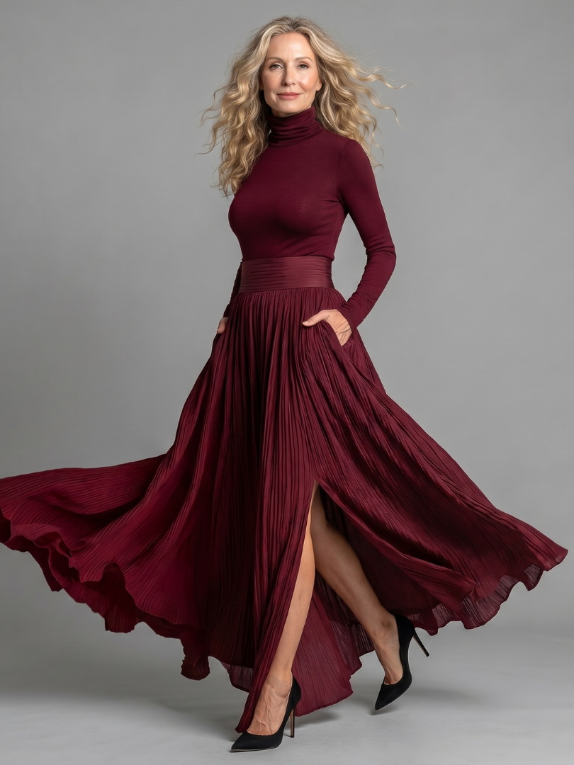 Larisa | Vestido Midi de Cuello Alto y Manga Larga con Cintura Definida