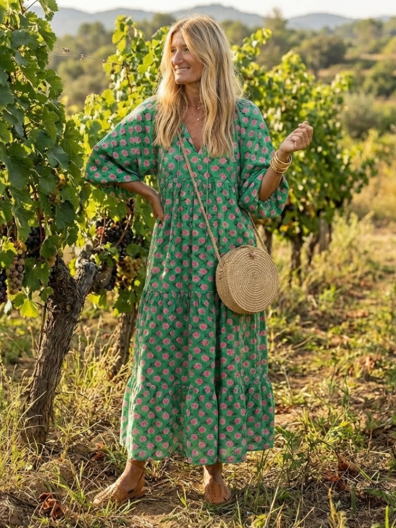 Fiora | Vestido Midi Floral de Volantes con Escote en V, Ligero