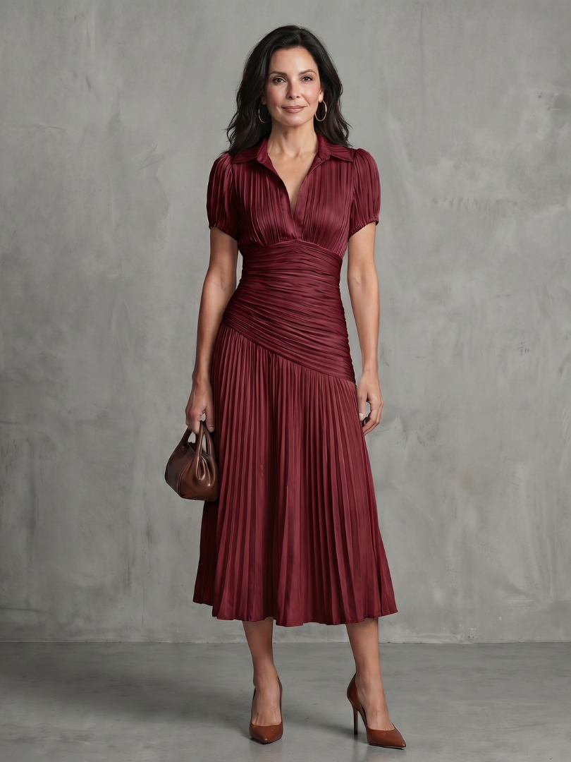 Theodora | Vestido Midi de Rayas con Cuello Camisero y Cintura Plisada