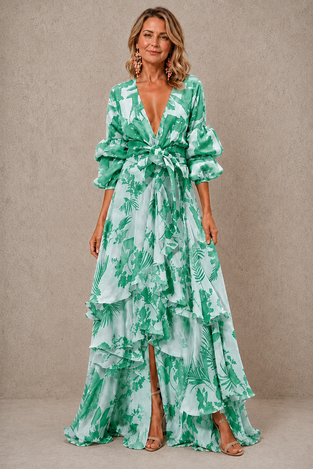 Vega | Vestido Maxi de Volantes con Cinturón de Lazo y Mangas Abullonadas