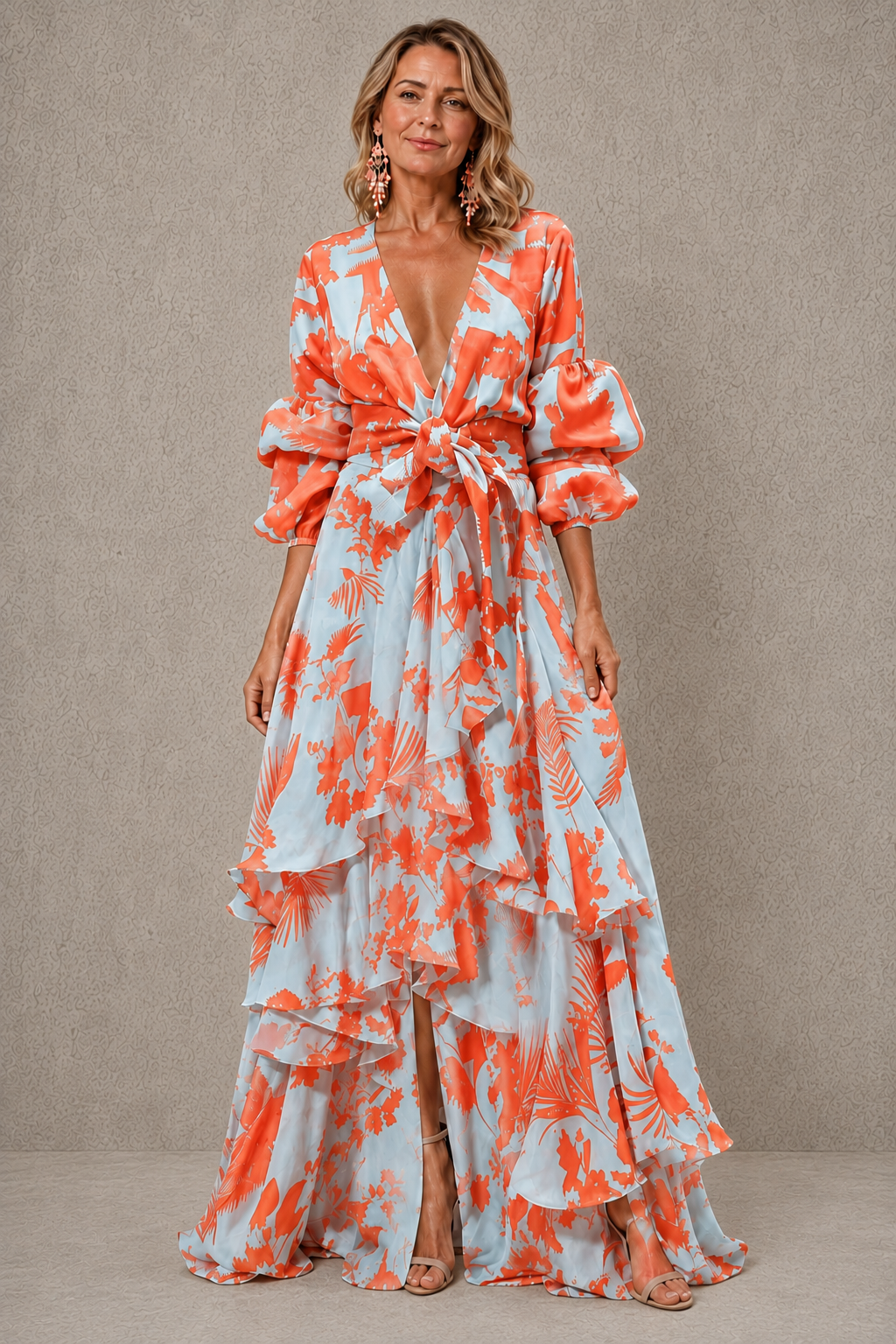 Vega | Vestido Maxi de Volantes con Cinturón de Lazo y Mangas Abullonadas