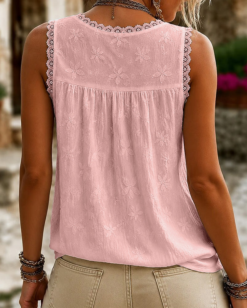 Agneta | Camiseta sin Mangas con Encaje y Cuello en V, Delicada