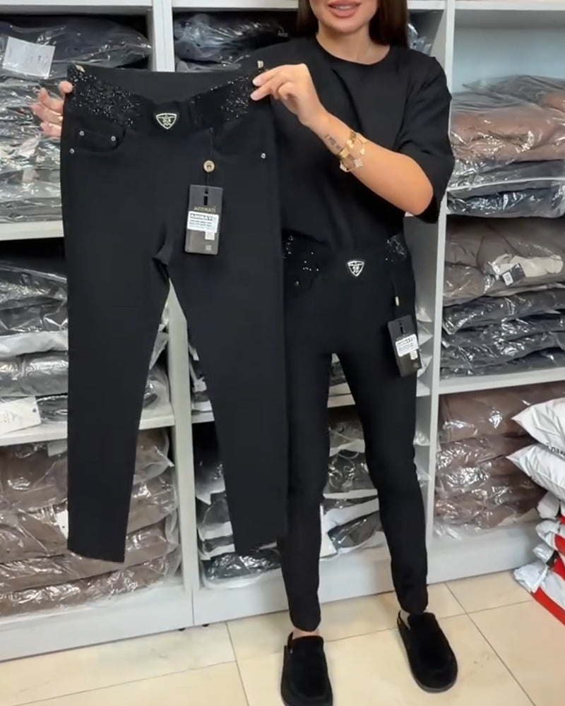 Pantalón Elegante Elástico de Color Liso